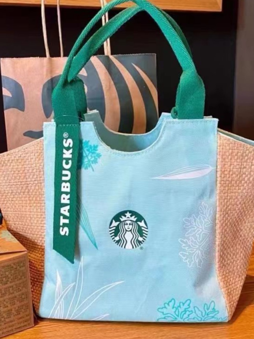Light Teal Canvas Tote with Green Handles